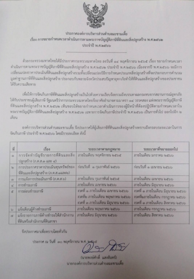 ประกาศ เรื่อง การขยายกำหนดเวลาดำเนินการตามพระราชบัญญัติภาษีที่ดินและสิ่งปลูกสร้าง พ.ศ.2562ประจำปีพ.ศ