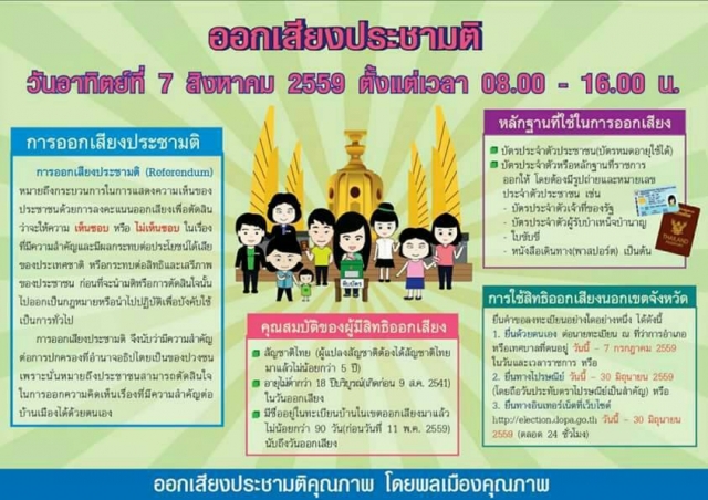 ขอเชิญเจ้าหน้าที่ และพี่น้องประชาคนทั่วไปผู้มีสิทธิ ไปออกเสียงประชามติร่างรัฐธรรมนูญฯ